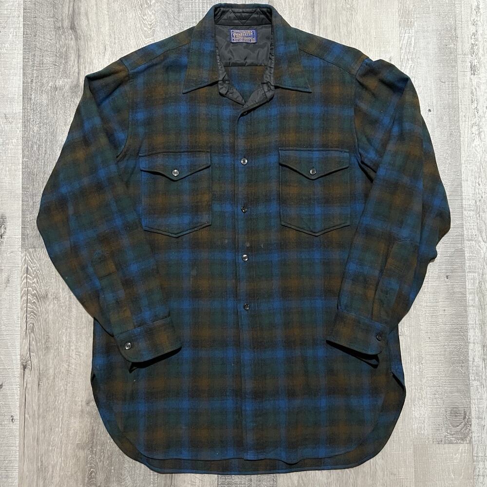Vintage 60's Pendleton Wool Long Sleeve Plaid Two Pocket Shirt Sz L Blue Green
